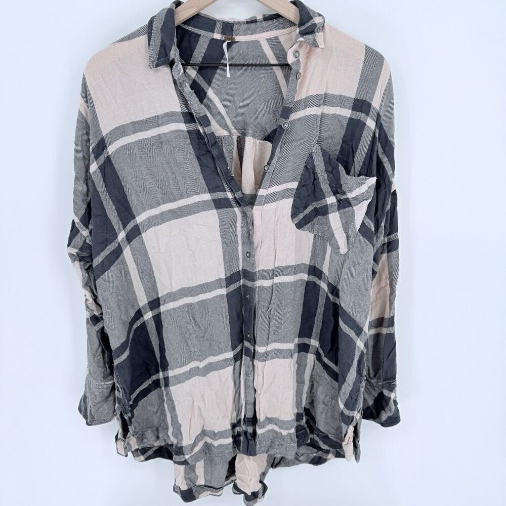 Free People Small Pink Navy Plaid Tunic Oversized Fit Button-Closure